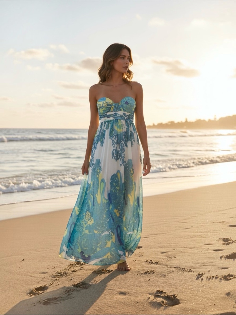 Romantic Aidan Mattox Blue White Silk Blend Chiffon Strapless Maxi Dress 12